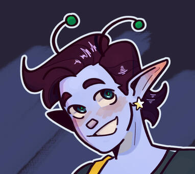 Headshot of a character with pale blue skin, yellow star earrings, pointed ears, two antennae, and a square nose.
